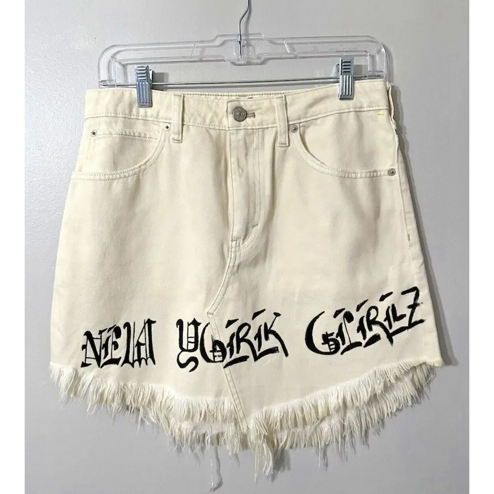 Free People We The Free Fringe‎ Scoop Hem Denim Mini Skirt Size 28 Cream